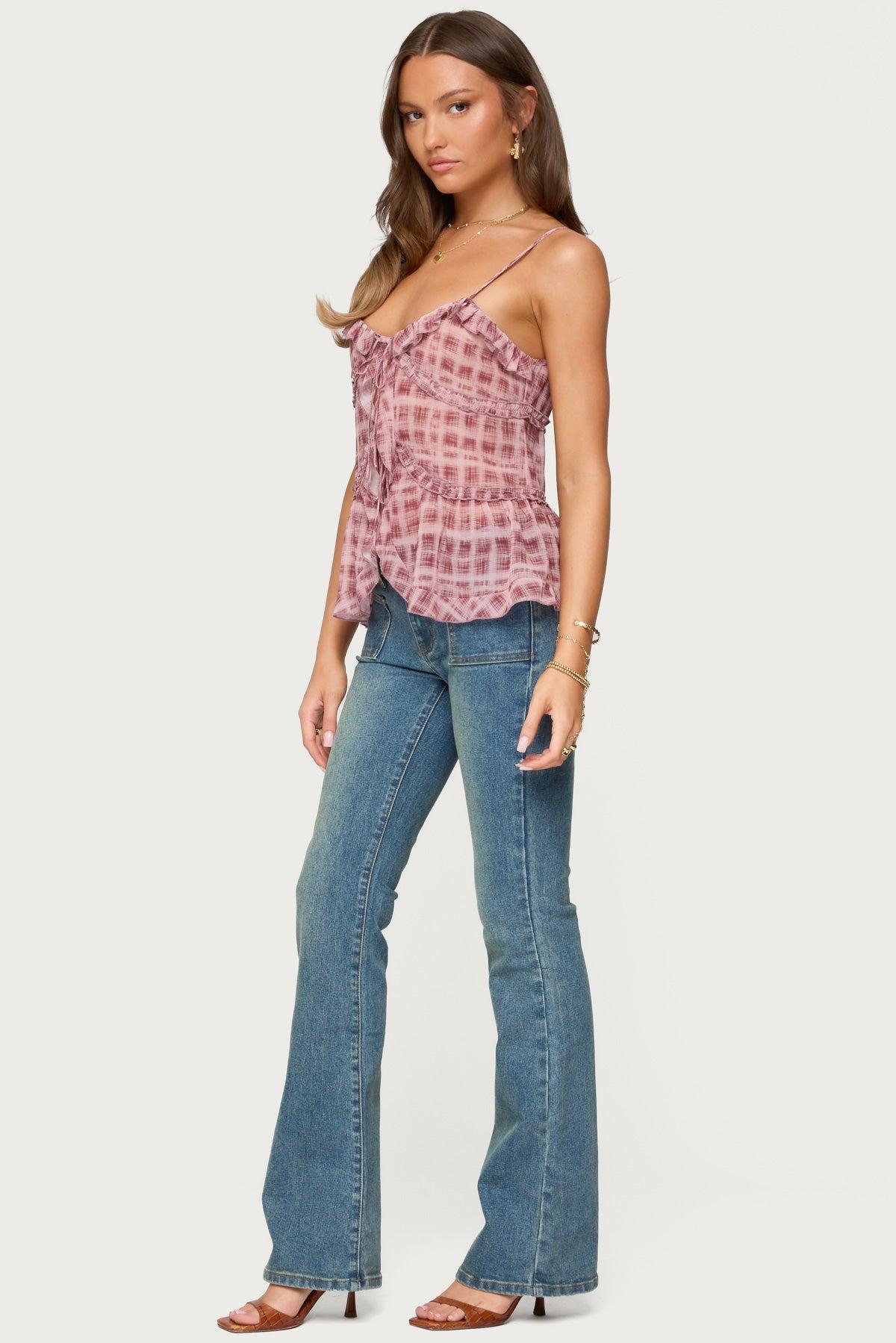 Chiffon Printed Tie Front Ruffle Top Product Image