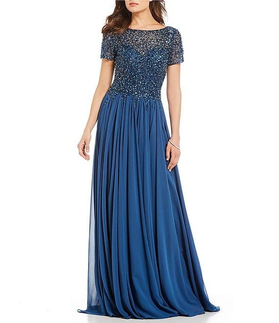 Terani Couture Sequin Chiffon Boat Neck Short Sleeve V-Back Lace A-Line Dress Product Image