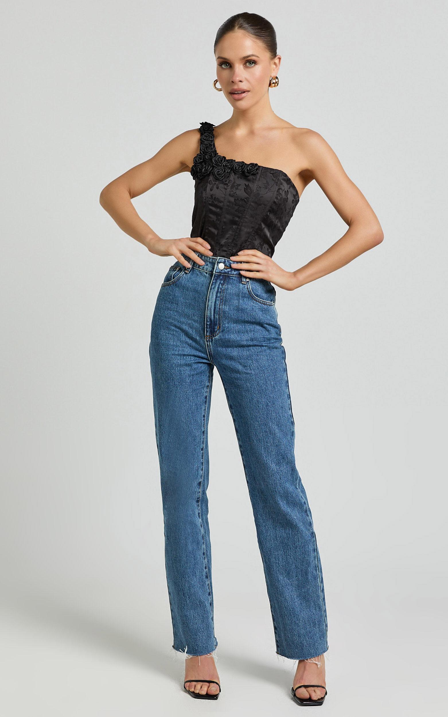 Gemma Top - One Shoulder Rosette Detail Top in Black Product Image