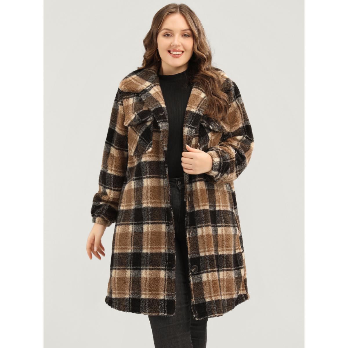 Plus Size Plaid Flap Pocket Button Up Teddy Coat Women Bronze Elegant Button Ladies Dailywear Winter Coats BloomChic 18-20/2X Product Image