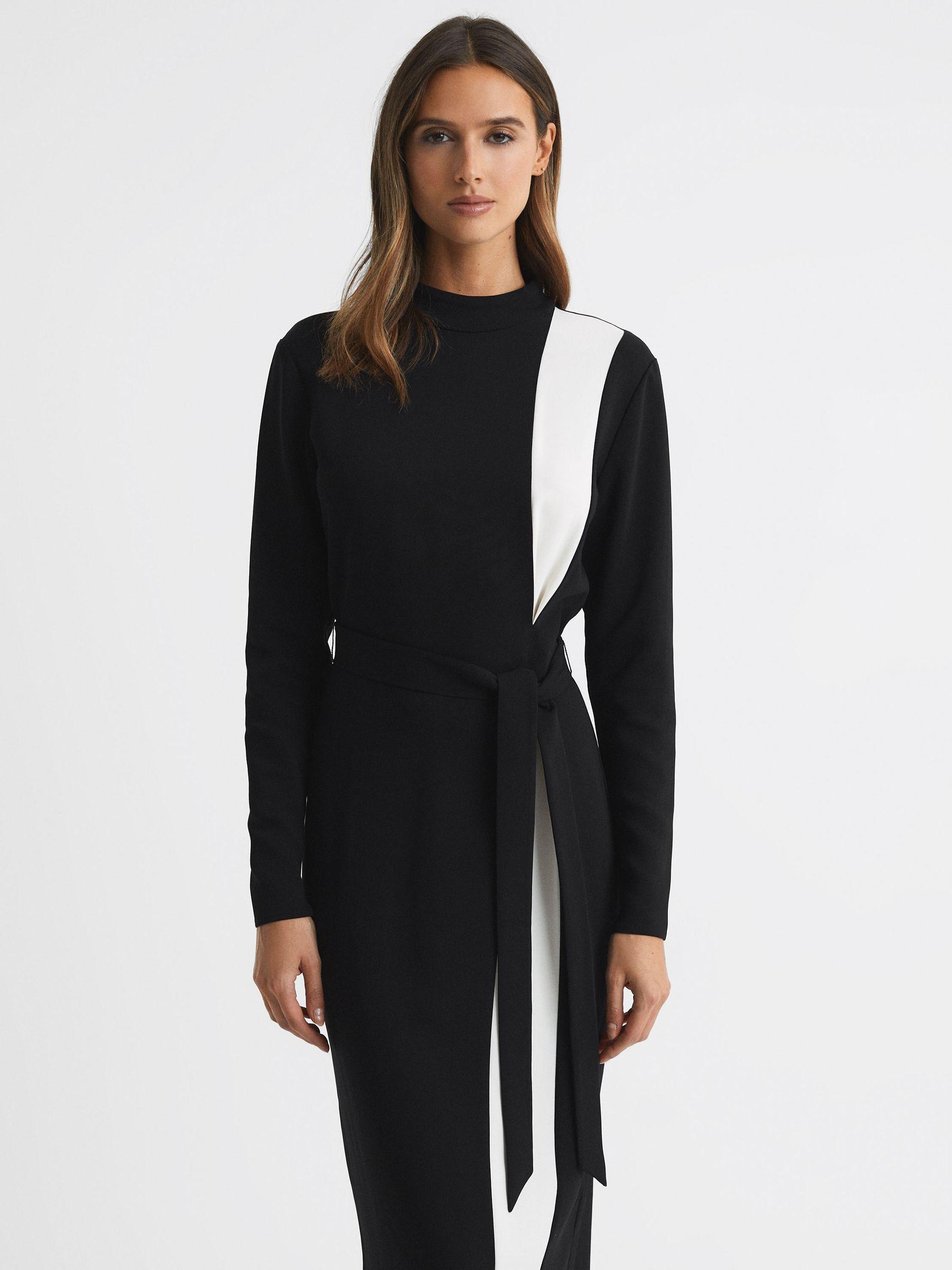 Contrast Stripe Belted Midi Dress in Black/White Product Image