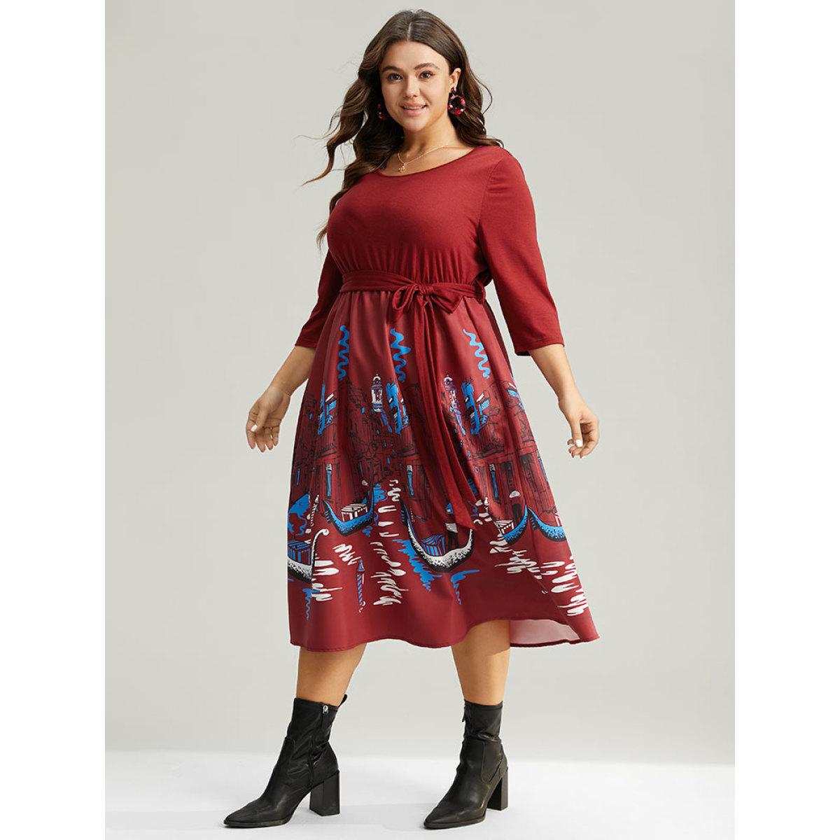 Plus Size Boho Print Patchwork Belted Gathered Dress Scarlet Women Office Printed Round Neck Elbow-length sleeve Curvy Midi Dress BloomChic 12/L Product Image