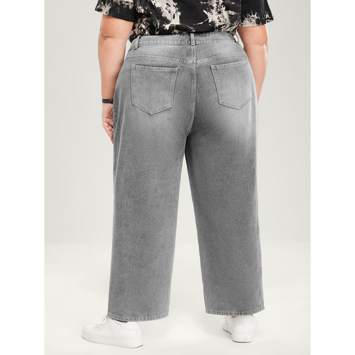 Plus Size Boyfriend Wide Leg Non Stretchy High Rise Medium Wash Jeans Women LightGray Casual Plain No stretch Pocket Jeans BloomChic 24/3X Product Image