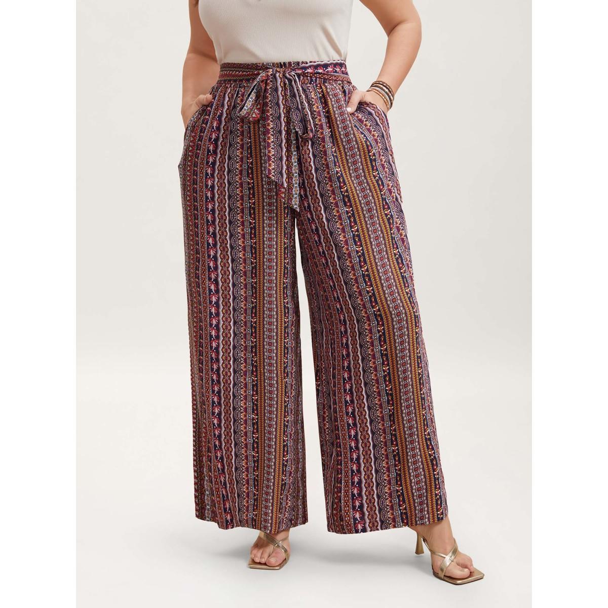 Plus Size Boho Print Belted Flared Pants Women Multicolor Boho Wide Leg Mid Rise Vacation Pants BloomChic 18-20/2X Product Image