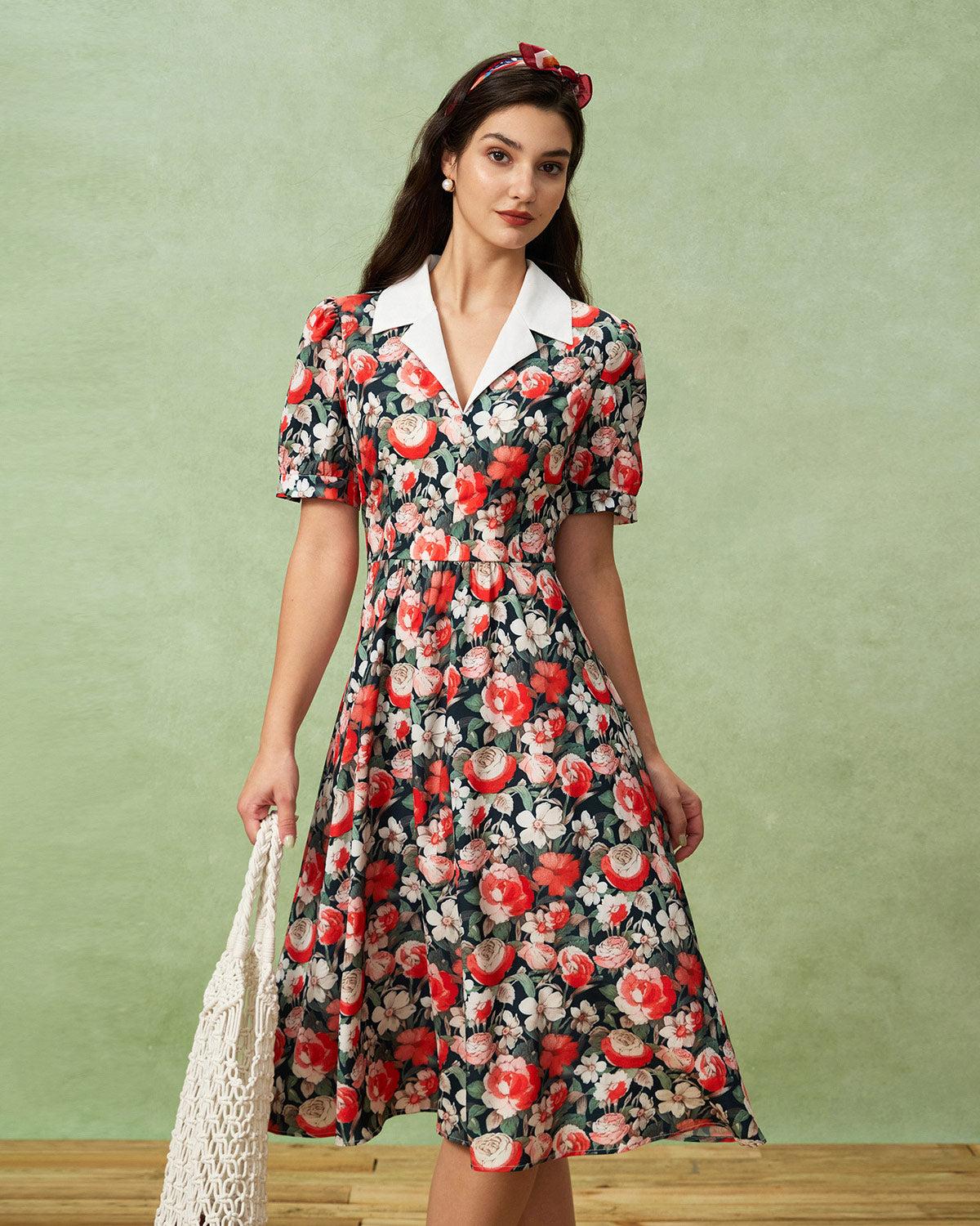 Black Floral Contrast Midi Dress Product Image