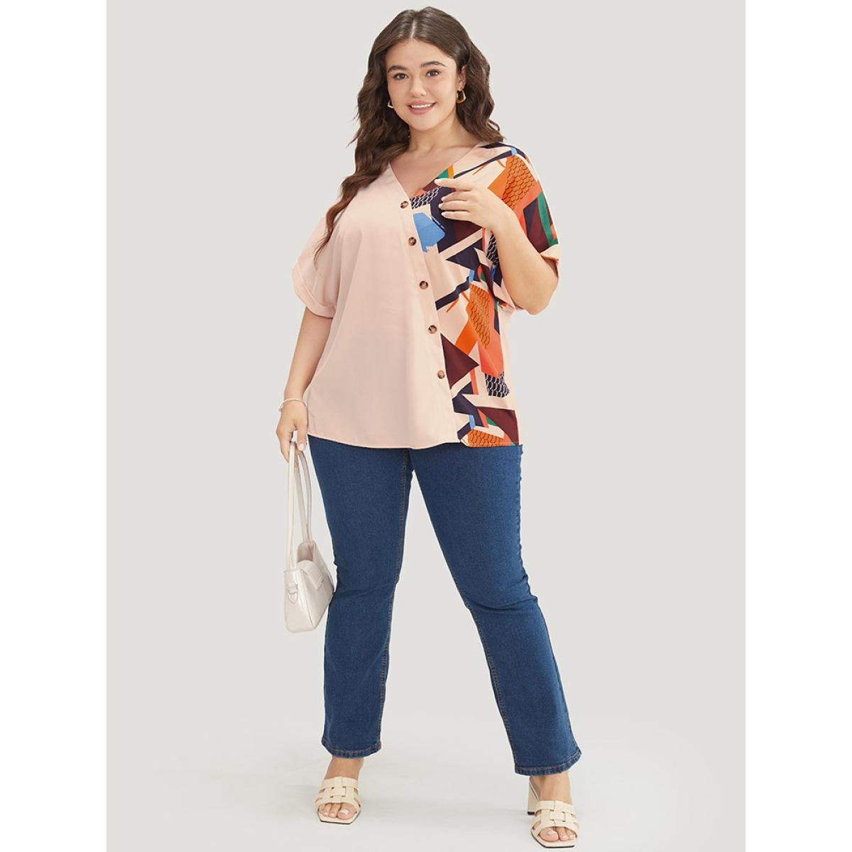 Plus Size Multicolor Geometric Contrast Batwing Sleeve Button Detail Wrap Blouse Women Office Short sleeve V-neck Work Blouses BloomChic 10/M Product Image