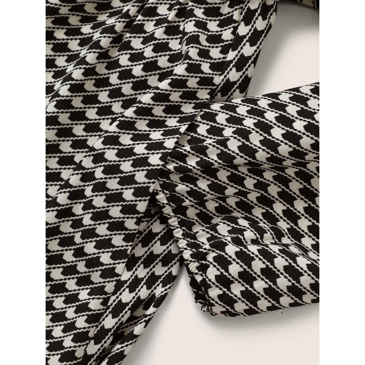 Plus Size Geometric Colorblock Lapel Collar Elastic Waist Dress Black Women At the Office Non Lapel Collar Elbow-length sleeve Curvy Midi Dress BloomChic 14-16/1X Product Image