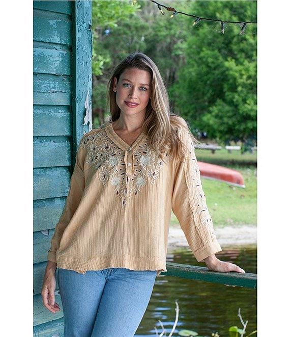 75813   Joan Vintage Inspired Floral Embroidered Long Sleeve Split V-Neck Raw High-Low Hem Boho Chic Tunic by Caite & Kyla Product Image