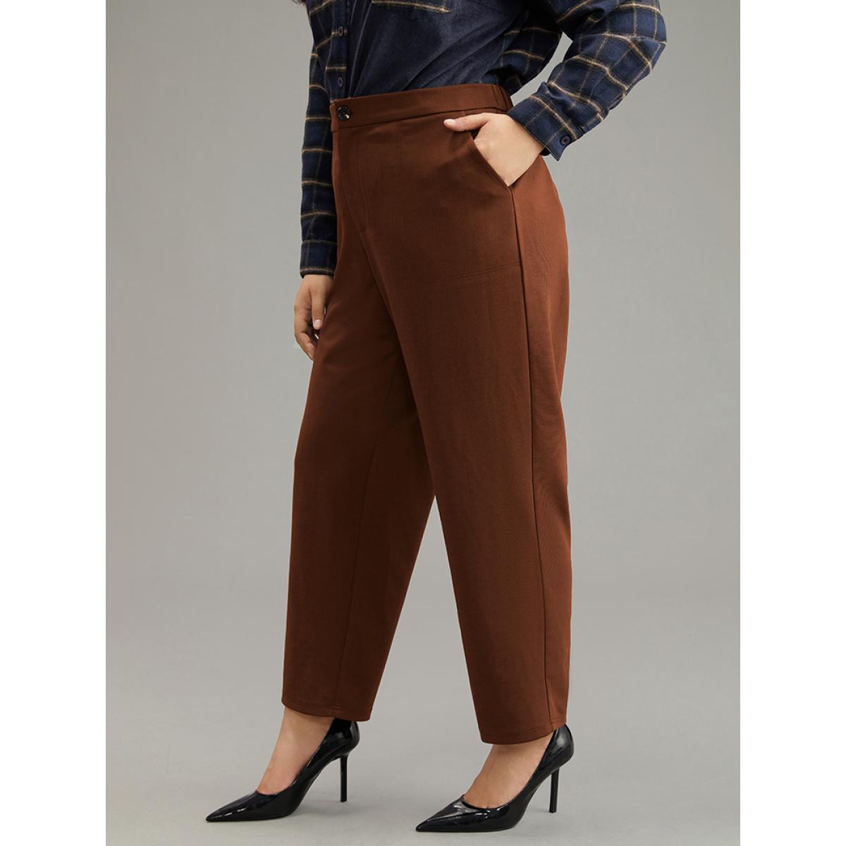 Plus Size Plain Elastic Waist Pocket Mid Rise Pants Women DarkBrown Office Mid Rise Office Pants BloomChic 14-16/1X Product Image