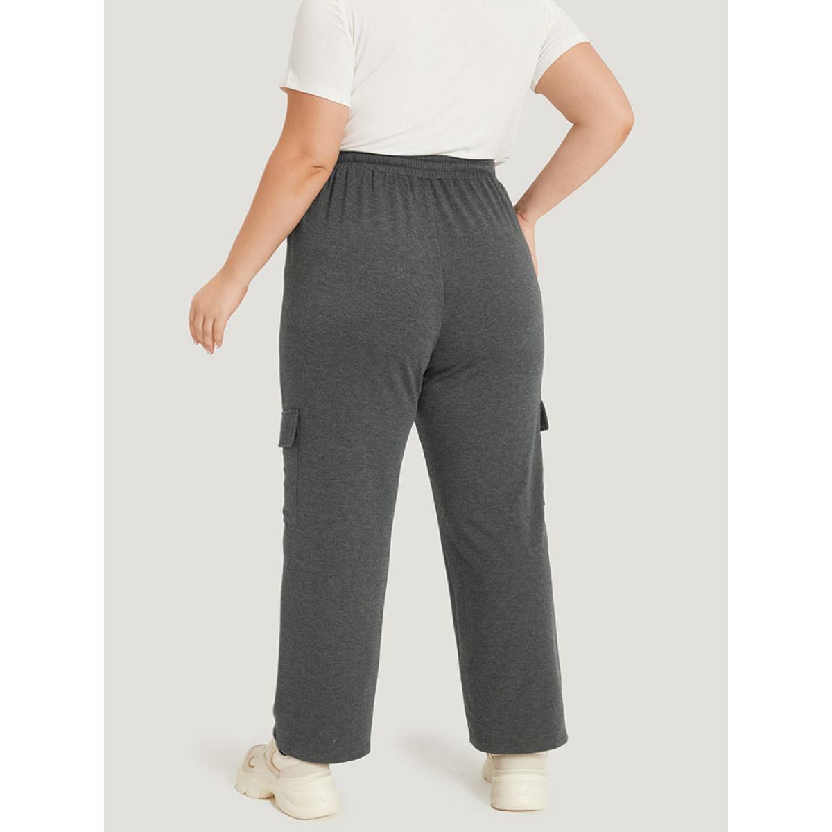 Letter Patched Flap Pocket Bowknot Elastic Waist Sweatpants DimGray Plus Size Women Casual Dailywear Plain 22-24/3X Bloomchic Product Image