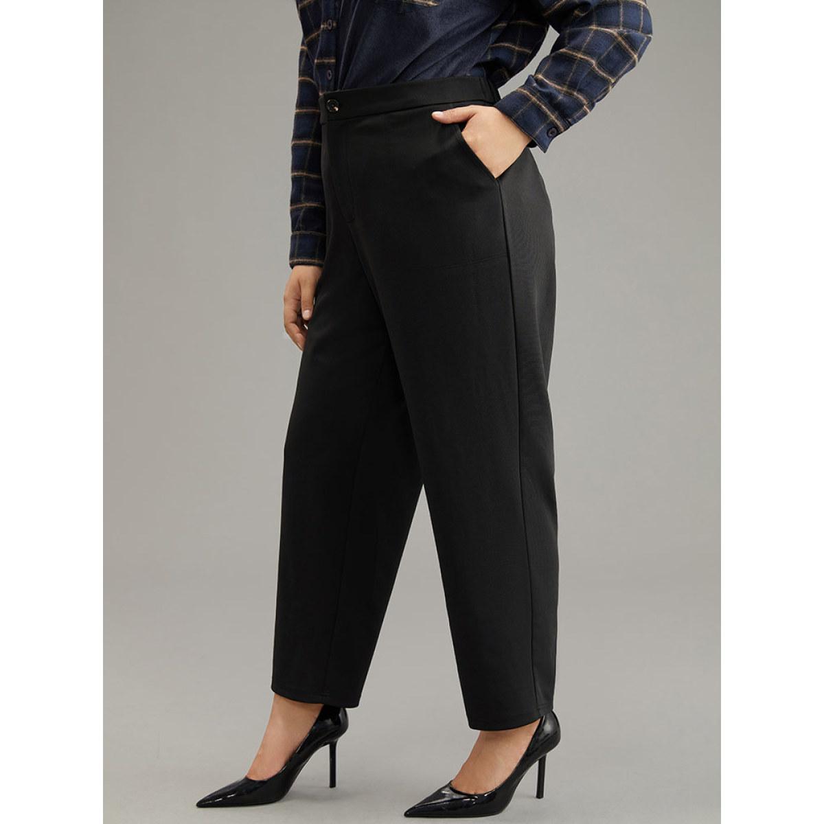 Plus Size Plain Elastic Waist Pocket Mid Rise Pants Women Black Office Mid Rise Office Pants BloomChic 12/L Product Image