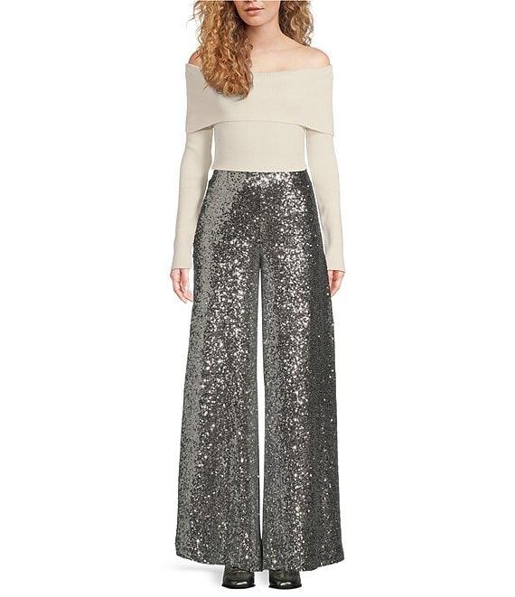 Alex Marie Whitney Ribbed Knit Folded Off-the-Shoulder Long Sleeve Sweater Product Image