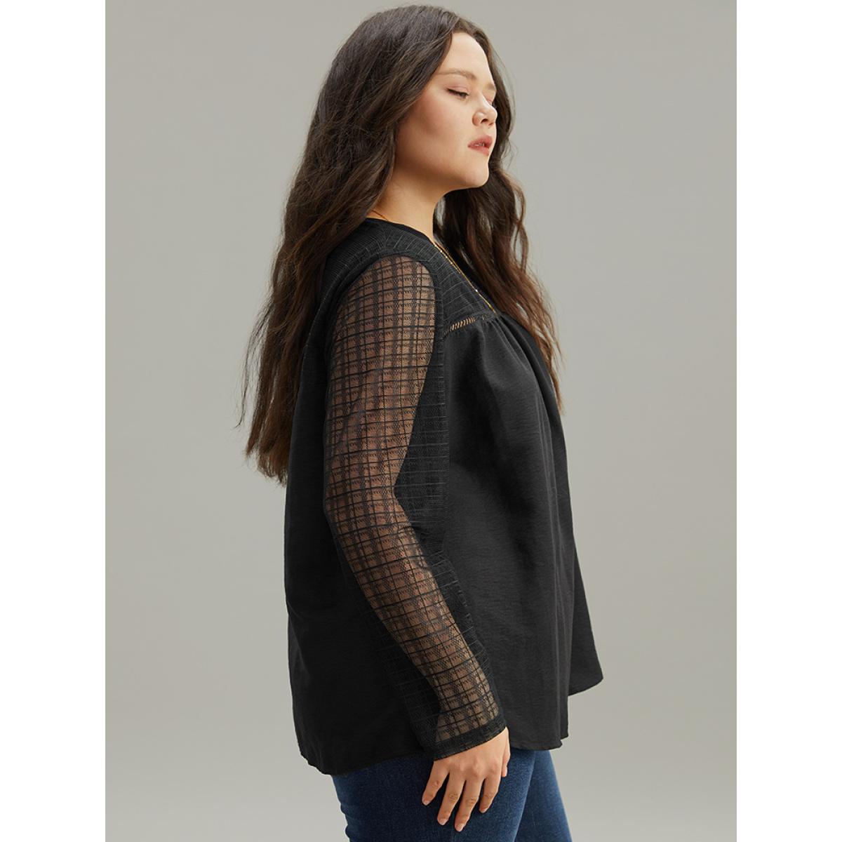Plus Size Black Solid Keyhole Mesh Plicated Detail Blouse Women Glamour Long Sleeve Round Neck Going out Blouses BloomChic 12/L Product Image