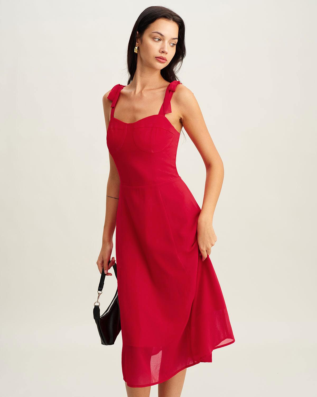 Red Sweetheart Neck Tie Strap Midi Dress Product Image