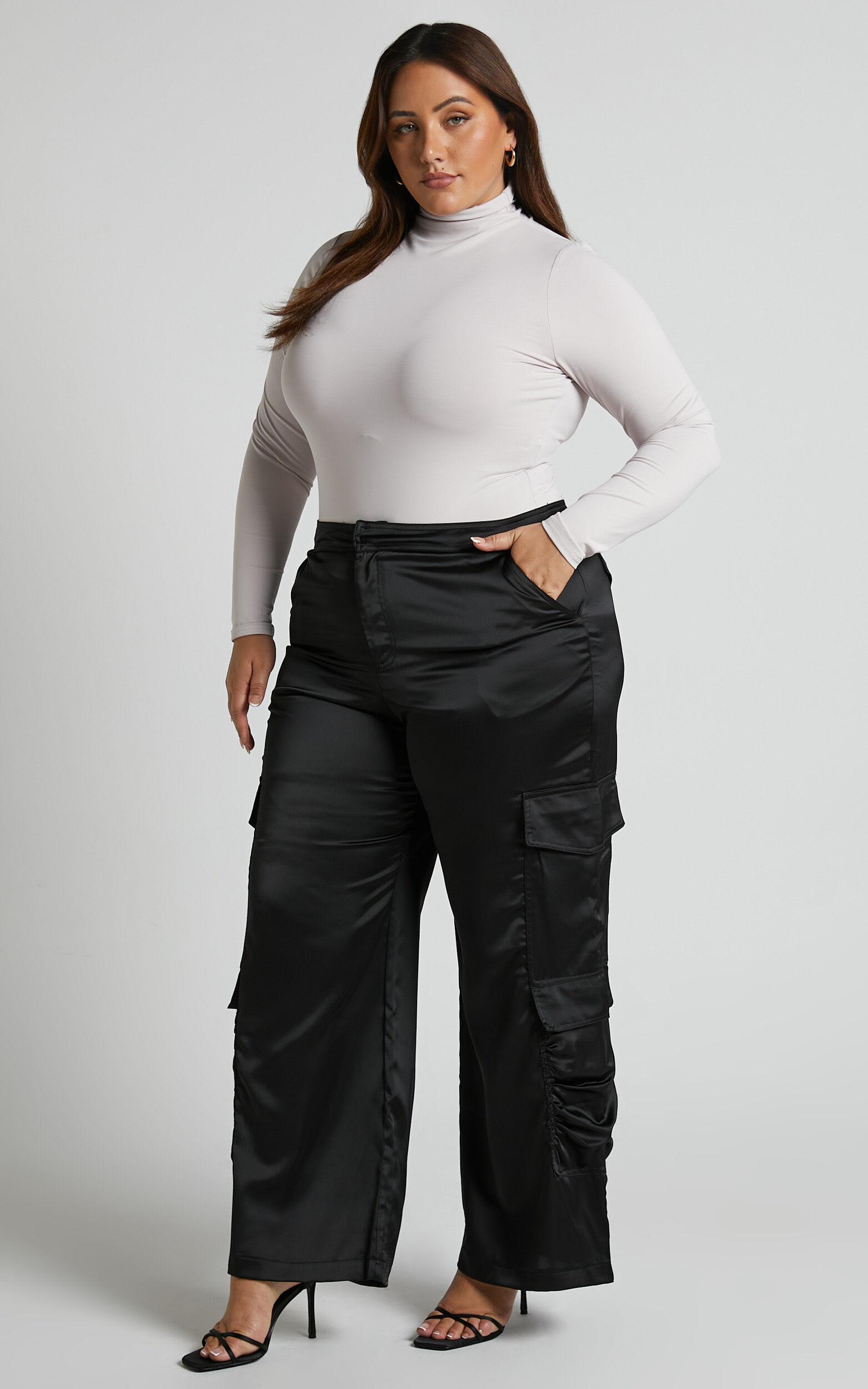 Saori Pants - Mid Rise Satin Cargo Pants in Black Product Image
