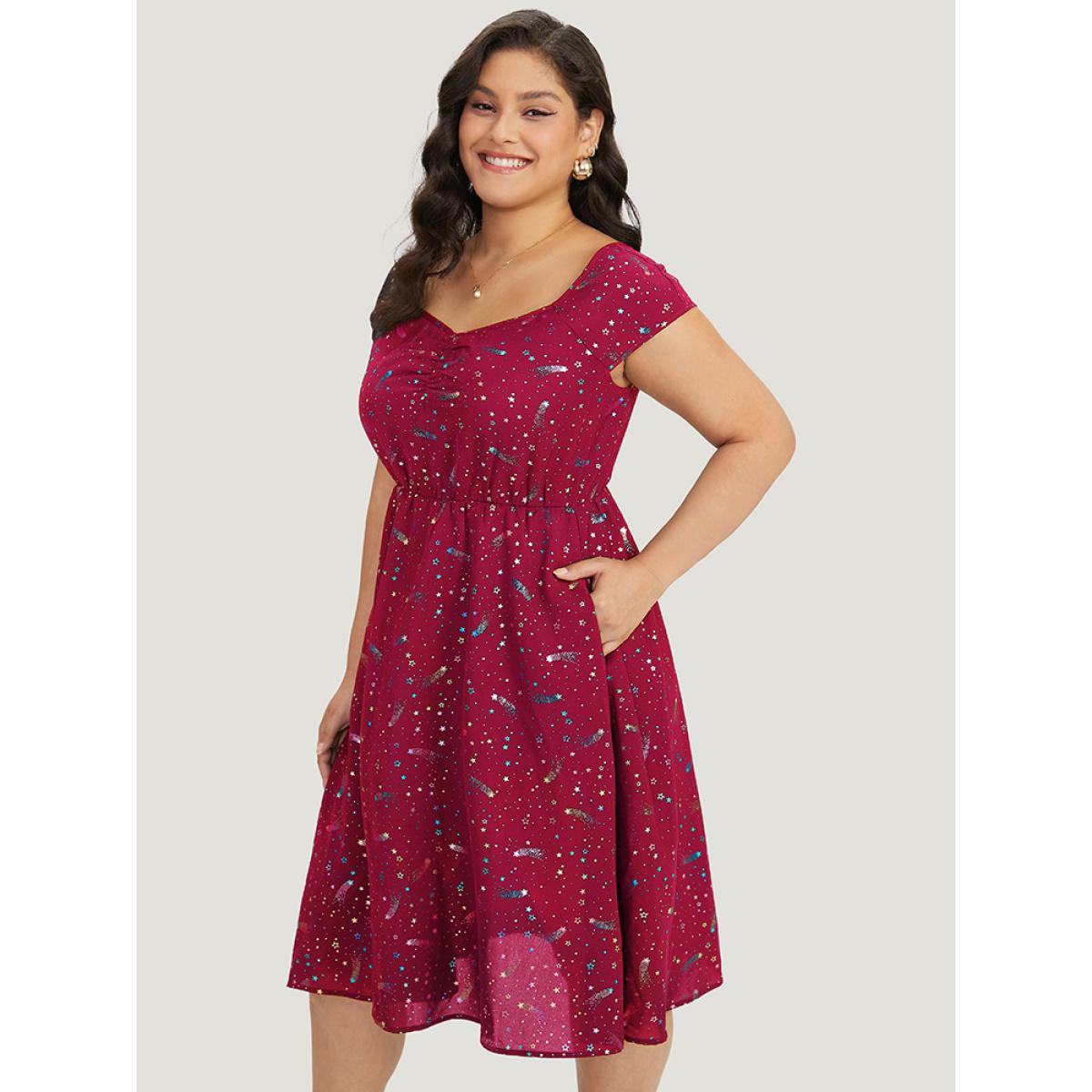 Plus Size Star Glitter Pocket Ruched Square Neck Dress Burgundy Women Elegant Gathered Square Neck Sleeveless Curvy Midi Dress BloomChic 22-24/3X Product Image