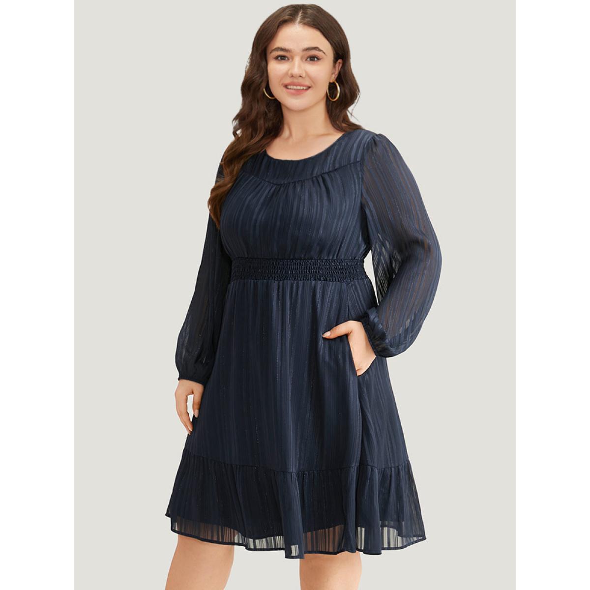 Plus Size Plisse Shirred Pocket Lantern Sleeve Dress DarkBlue Women Elegant Elastic cuffs Round Neck Long Sleeve Curvy Midi Dress BloomChic 30/6X Product Image