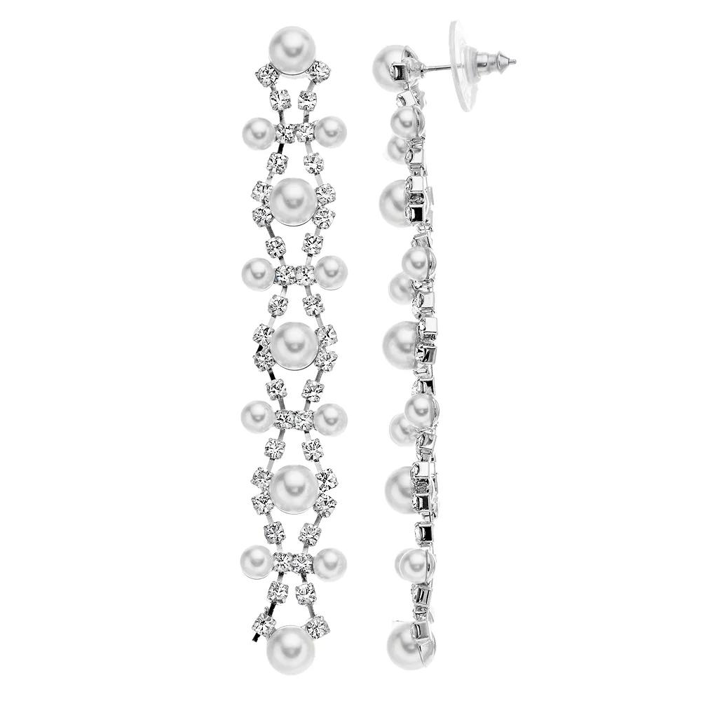 Vieste Silver Tone Linear Fashion Simulated Pearl Nickel Free Drop Earrings, Women's Product Image