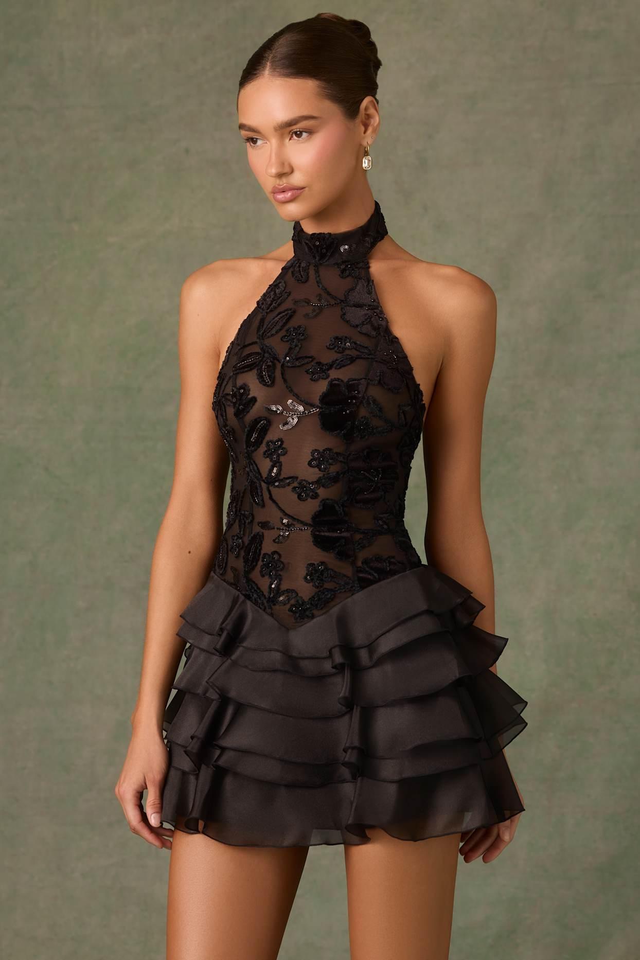 Embellished Ruffled Halterneck Mini Dress in Black Product Image