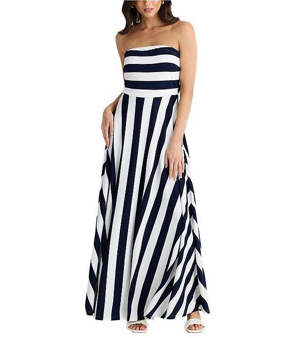 Brave + True Thandie Sleeveless Strapless Horizontal Bodice Stripe Fit And Flare Maxi Dress Product Image