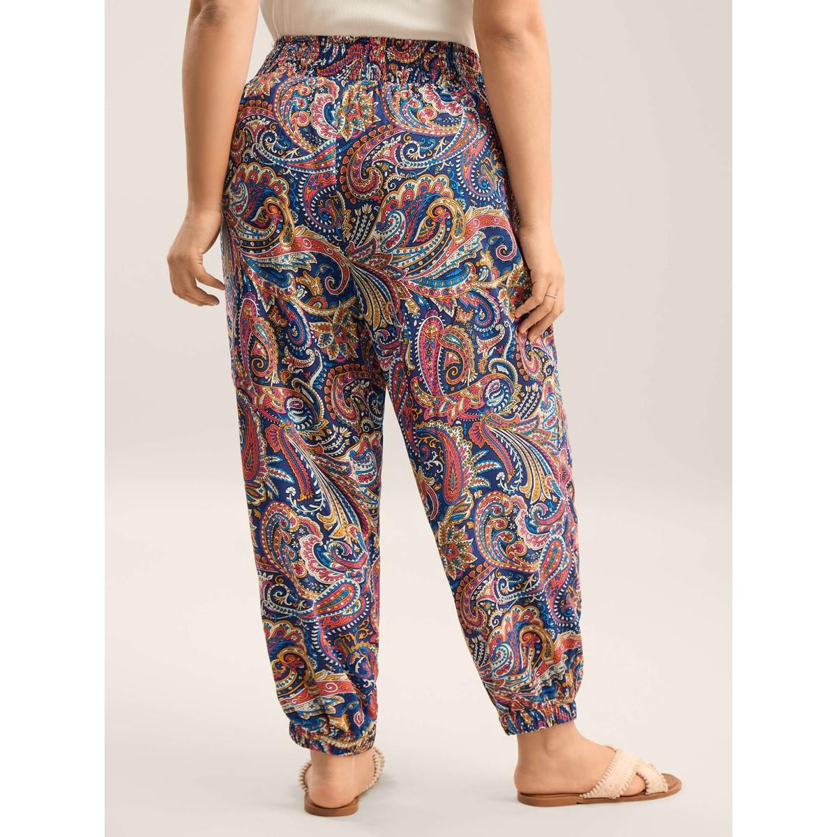 Plus Size Paisley Print Shirred Waist Jogger Pants Women Indigo Boho Bodycon Mid Rise Vacation Pants BloomChic 14-16/1X Product Image