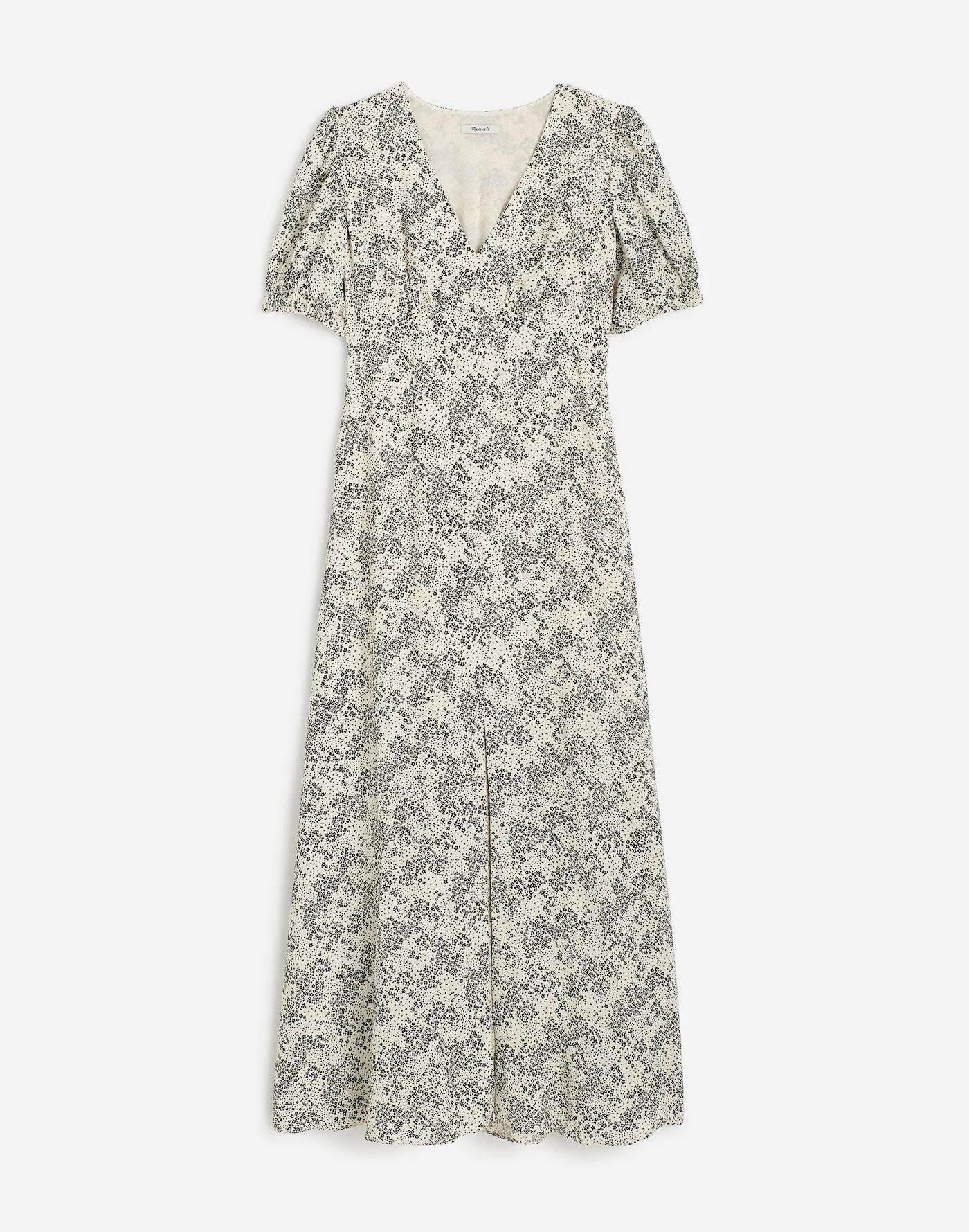 Puff-Sleeve V-Neck Midi Dress in Floral Product Image
