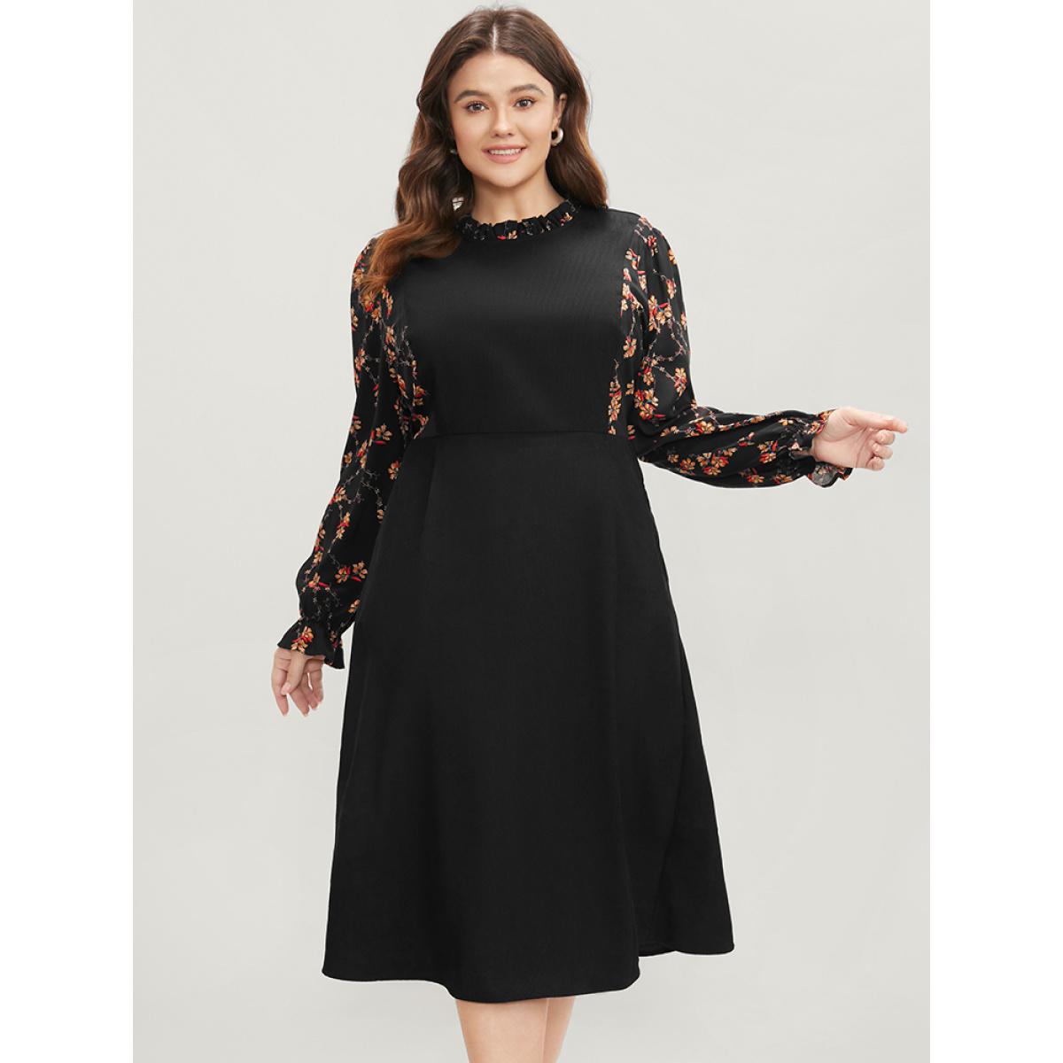 Plus Size Floral Patchwork Ruffle Trim Pocket Zipper Dress Black Women Elegant Zipper Stand-up collar Long Sleeve Curvy Midi Dress BloomChic 12/L Product Image