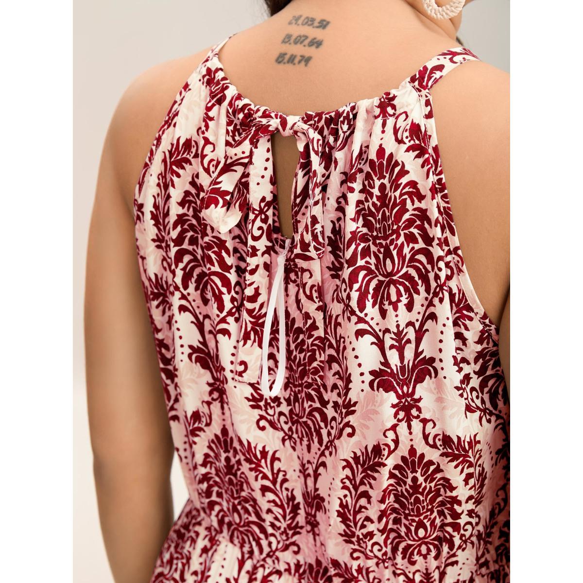 Plus Size Rust Rayon Damask Print Stretchy Waist Jumpsuit Women Sleeveless Halter neck Vacation Loose Jumpsuits BloomChic 10/M Product Image