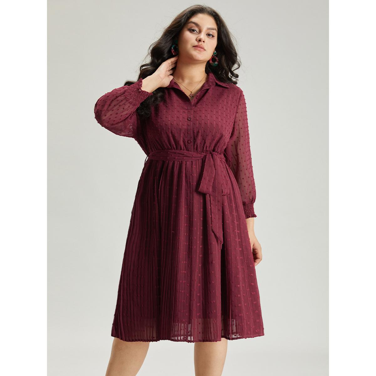 Plus Size Plain Textured Shirt Collar Gathered Belted Dress Scarlet Women Office Elastic cuffs Shirt collar Long Sleeve Curvy Midi Dress BloomChic 30/6X Product Image