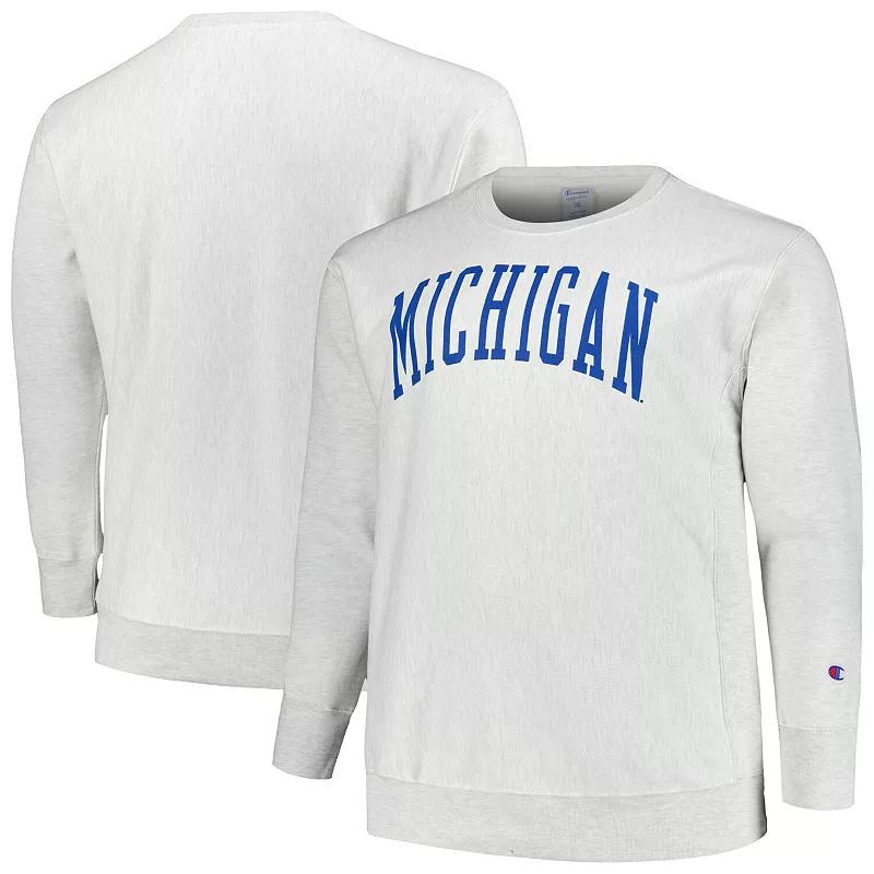 Men's Champion Ash Michigan Wolverines Big & Tall Reverse Weave Fleece Crewneck Pullover Sweatshirt, Size: XLT, Black Product Image