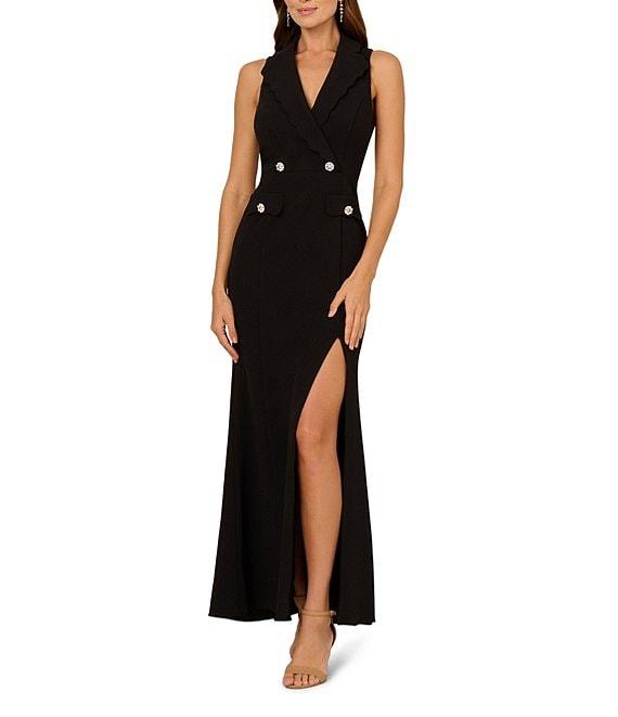 Adrianna Papell Crepe Tuxedo V-Neck Sleeveless Button Sheath Gown Product Image