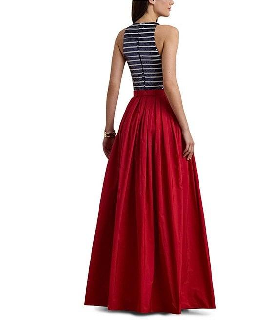 Lauren Ralph Laure Mix Media Sequin Stripe Print Halter Neck Sleeveless Gown Product Image