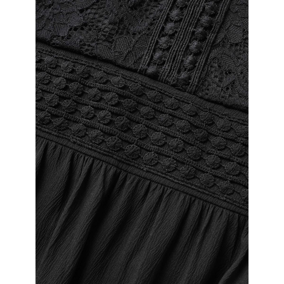 Plus Size Crochet Lace Heart Neckline Patchwork Shirred Dress Black Women Elegant Woven ribbon&lace trim Heart neckline Short sleeve Curvy BloomChic 14-16/1X Product Image