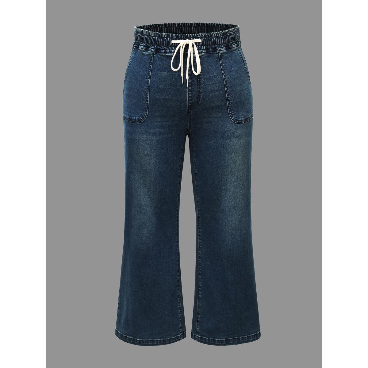 Plus Size Drawstring Stretchy Waist Pocket Jeans Women Denimindigo Casual Drawstring Medium stretch Slanted pocket Jeans BloomChic 18/2X Product Image