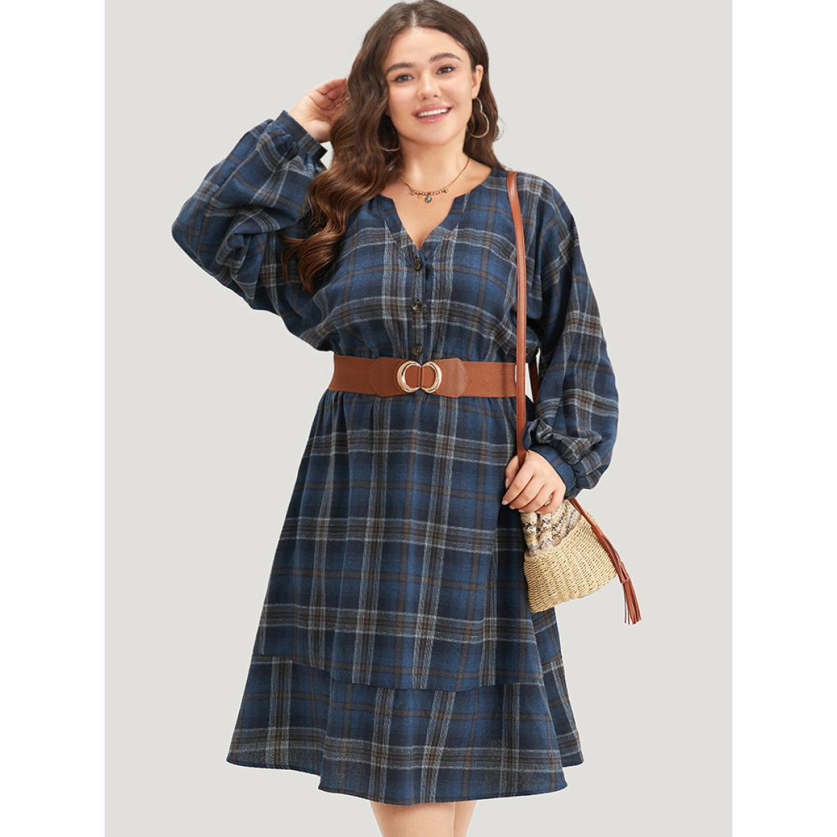 Plus Size Plaid Notched Button Up Lantern Sleeve Dress Aegean Women Casual Elastic cuffs Notched collar Long Sleeve Curvy Midi Dress BloomChic 14-16/1X Product Image