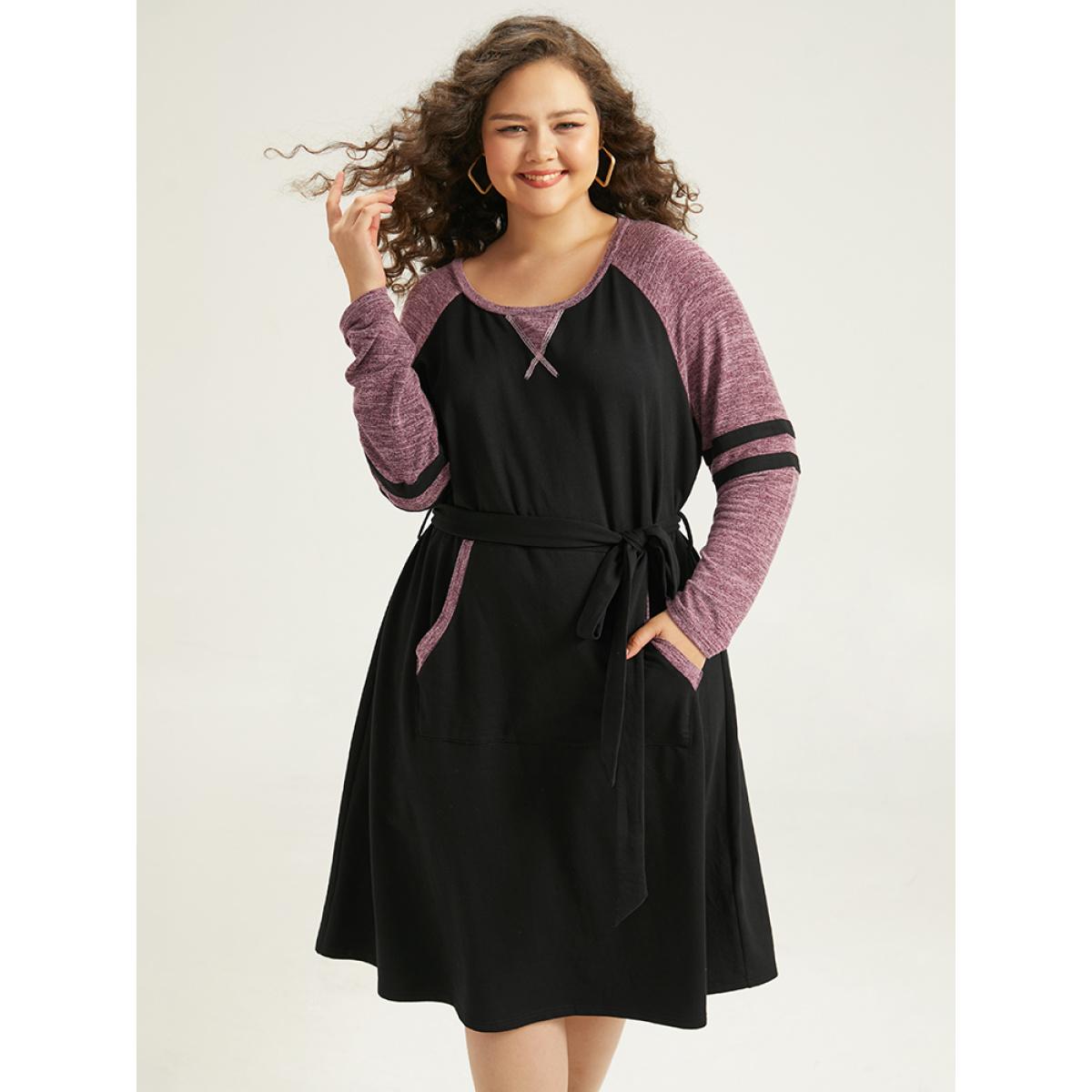 Plus Size Stitch Pocket Striped Patchwork Raglan Sleeve Belted Dress Black Women Casual Belted Round Neck Long Sleeve Curvy Midi Dress BloomChic 14-16/1X Product Image