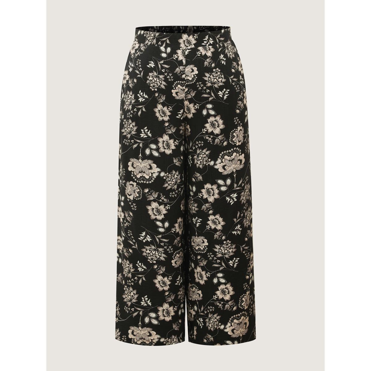 Plus Size Silhouette Floral Print Wide-Leg Pants Women BlackFlower Office Wide Leg Mid Rise Office Pants BloomChic 10/M Product Image