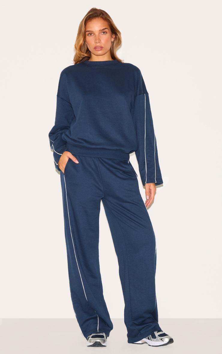 Navy Contrast Piping Detail Wide Leg Sweatpants Product Image