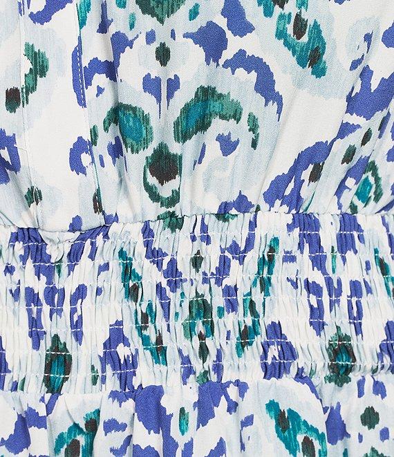 Calessa Plus Size Modern Ikat Print Split V-Neck Short Sleeve Tiered Maxi Dress Product Image