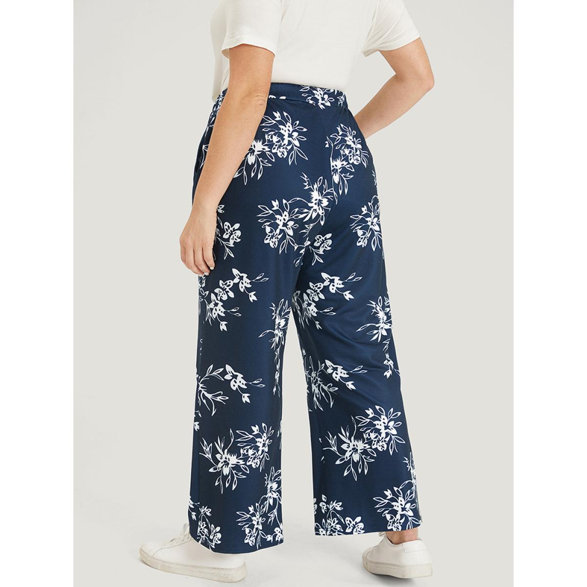 Silhouette Floral Print Drawstring Pocket Sweatpants Indigo Plus Size Women Casual Everyday Elastic Waist 26/4X Bloomchic Product Image