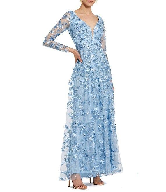 Mac Duggal Floral Applique Split V-Neck Illusion Long Sleeve Gown Product Image