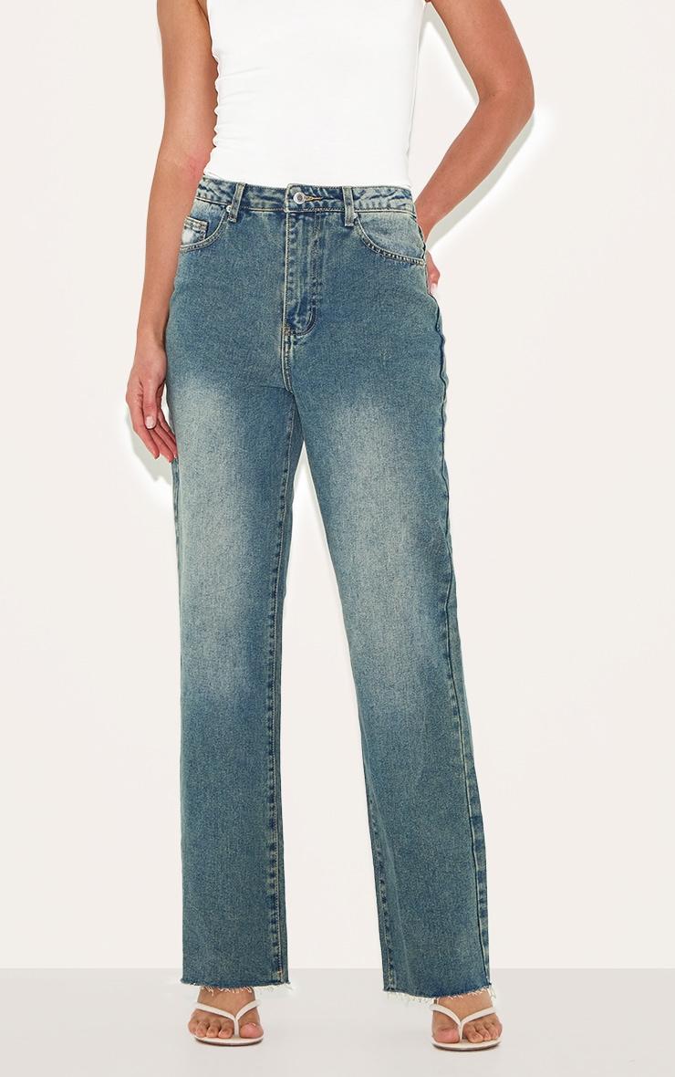 Tall Indigo Vintage Wash Frayed Hem Wide Leg Jeans Product Image