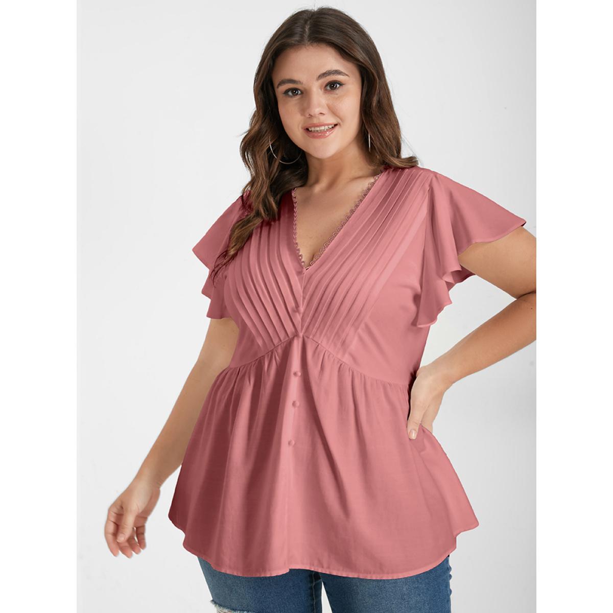 Pleated Flutter Sleeve Plain Plus Size Women Dailywear Blouses Short Sleeve V Neck Elegance Blouses BloomChic Product Image