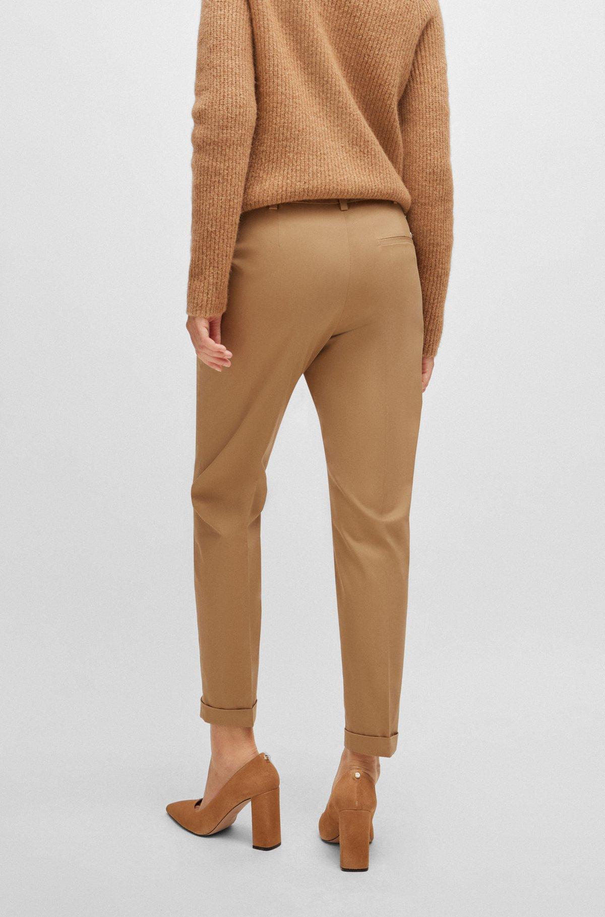 BOSS - Regular-fit pants in stretch-cotton satin - Beige Product Image