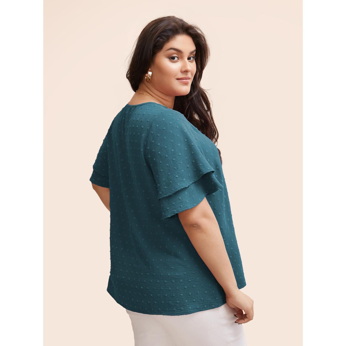 Plus Size Cerulean Plain Ruffle Tiered Sleeve V Neck Polka Dot Blouse Women Timeless Short sleeve V-neck Elegant Blouses BloomChic 26/4X Product Image