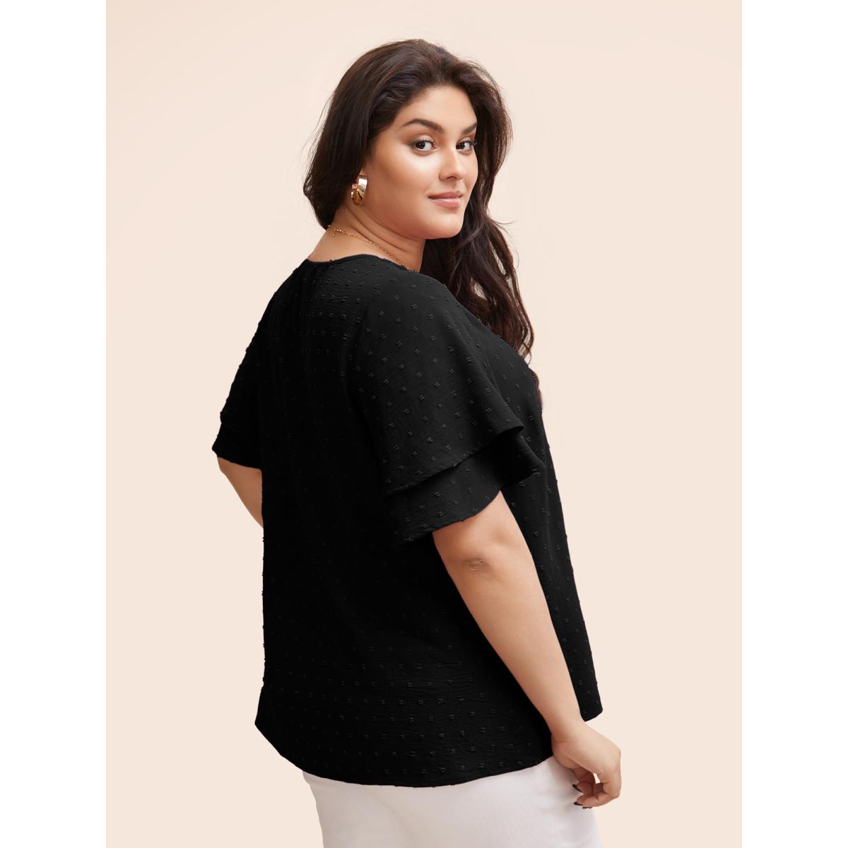 Plus Size Black Plain Ruffle Tiered Sleeve V Neck Polka Dot Blouse Women Timeless Short sleeve V-neck Elegant Blouses BloomChic 26/4X Product Image