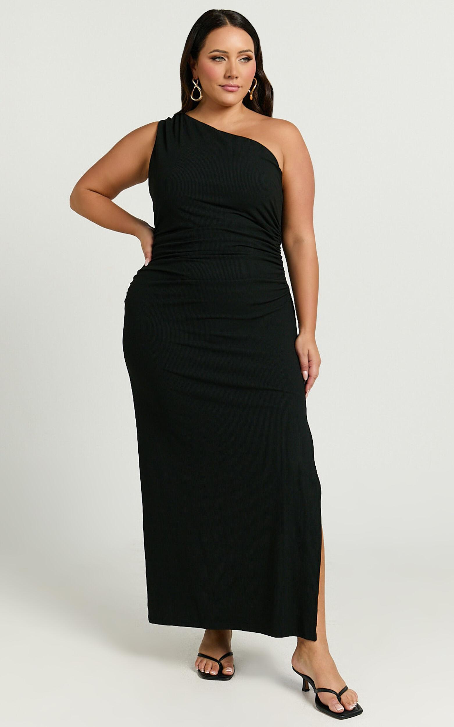 Rae Midi Dress - Ribbed One Shoulder Ruched Dress in Black Product Image