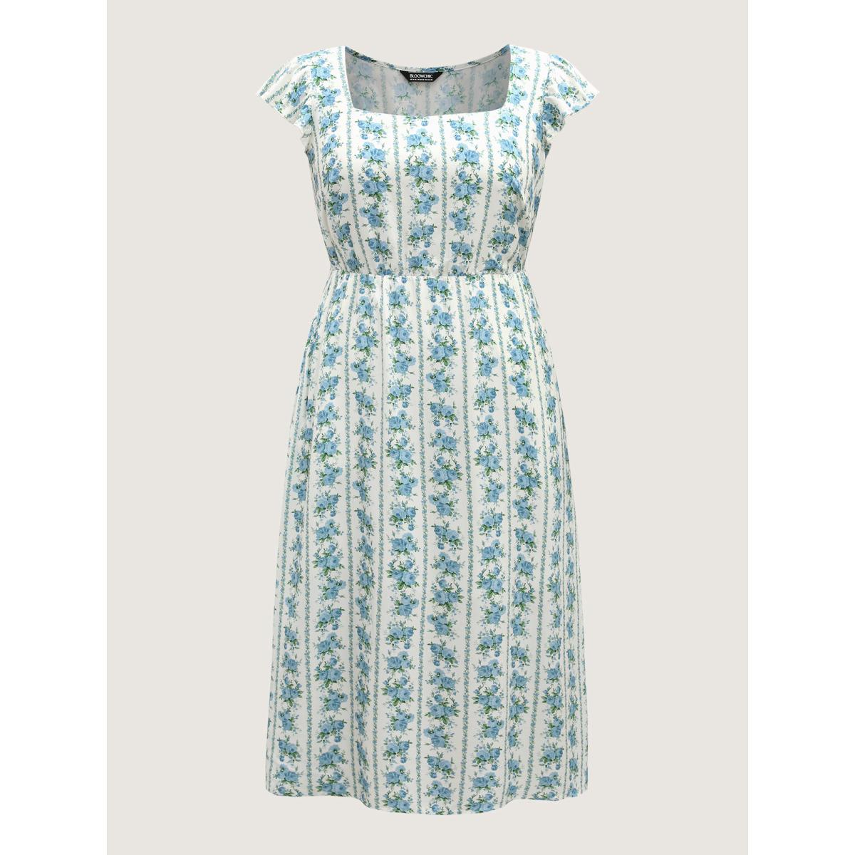 Plus Size Floral Stripe Flutter Sleeve Maxi Dress Mediumblue Women Heart neckline Cap Sleeve Curvy BloomChic 28/5X Product Image