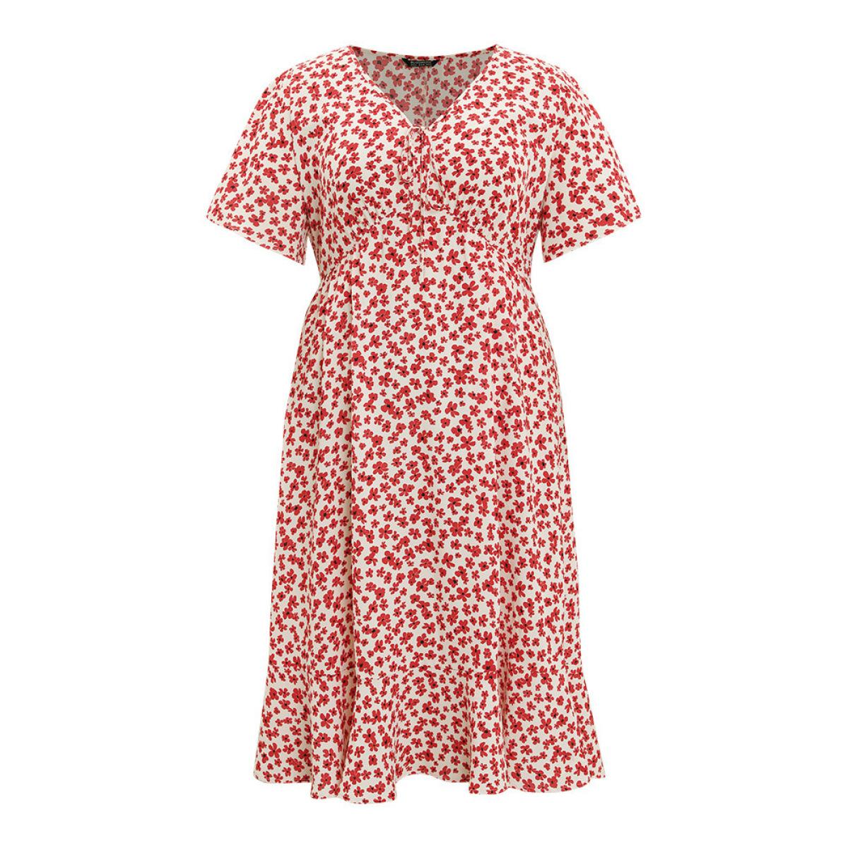 Plus Size Ditsy Floral Knot Front Pocket Ruffle Hem Dress Red Women Elegant Knotted V-neck Short sleeve Curvy Midi Dress BloomChic 30/6X Product Image
