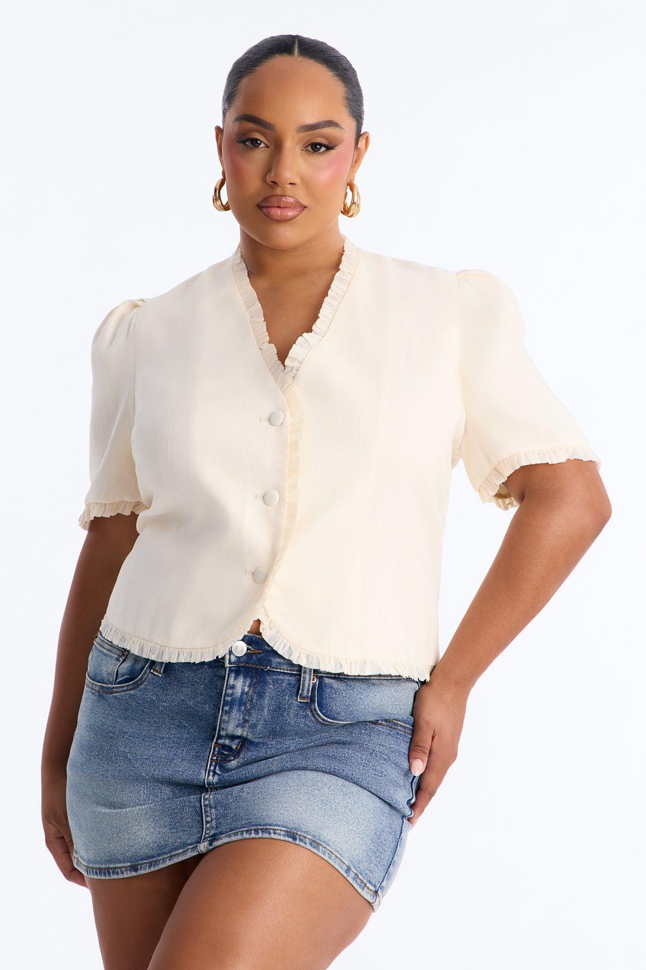 Chic With Love Ruffle Trim Linen Top - Beige Female Product Image